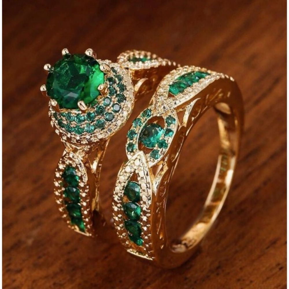 Yellow Gold Plated Emerald‎ Green CZ Halo Wedding Ring Set Size 7